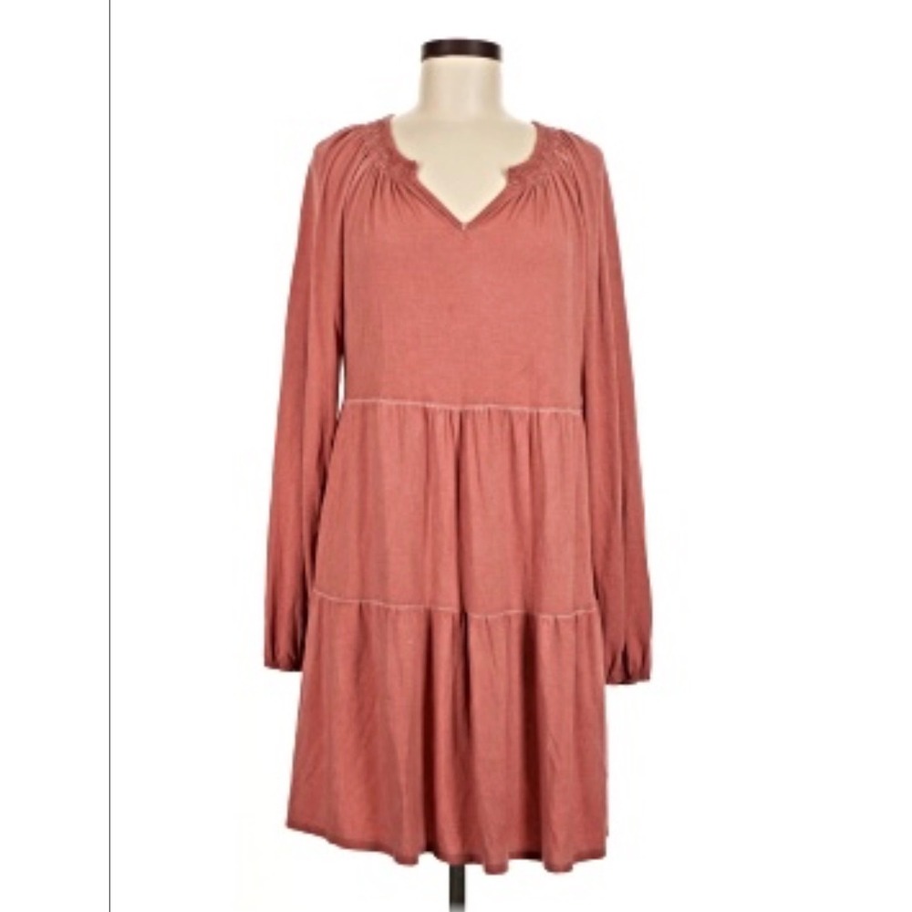 Wonderly Womens XL Terracotta Rose Tiered Smocked‎ V-Neck Long Sleeve Dress
